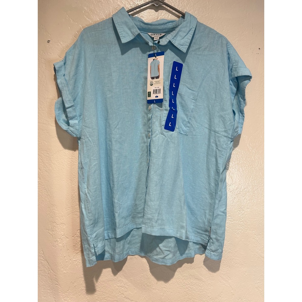 Orvis Classic Collection Women Linen Blend Button‎ Up Shirt Light Blue Large NWT